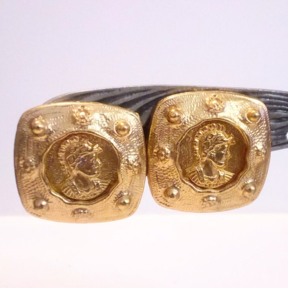 Vintage Gold Tone Roman Soldier Statement Clip On Earrings